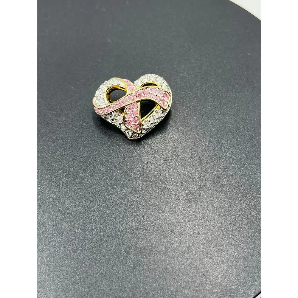 Swarovski Signed SWAN Goldtone Crystals Breast Cancer Ribbon Hope & Heart Brooch